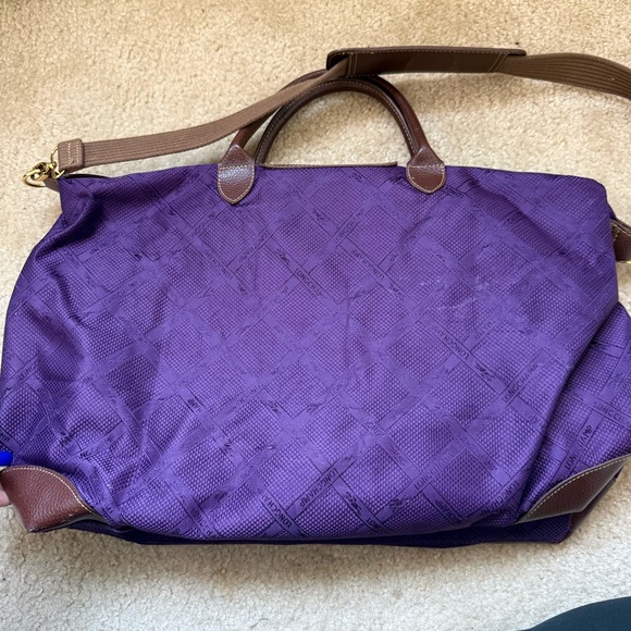 Longchamp 1948 Purple Jacquard Travel Bag Leather Trim Weekender Duffle - Picture 2 of 8